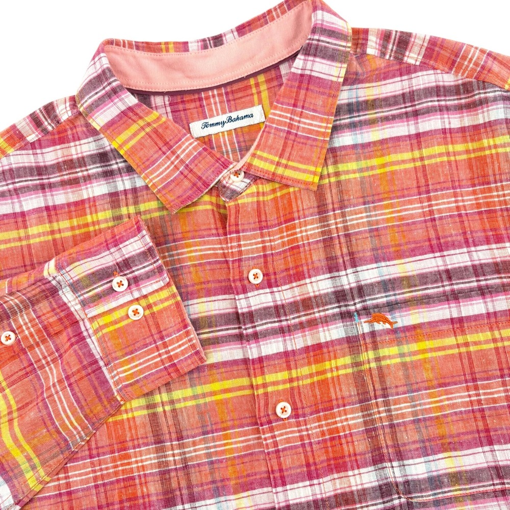 Tommy Bahama IslandZone Mens 2XL Orange Pink Plaid Linen Blend Shirt BT318661